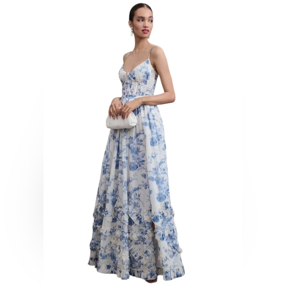 V. Chapman White and Blue Floral Maxi Dress